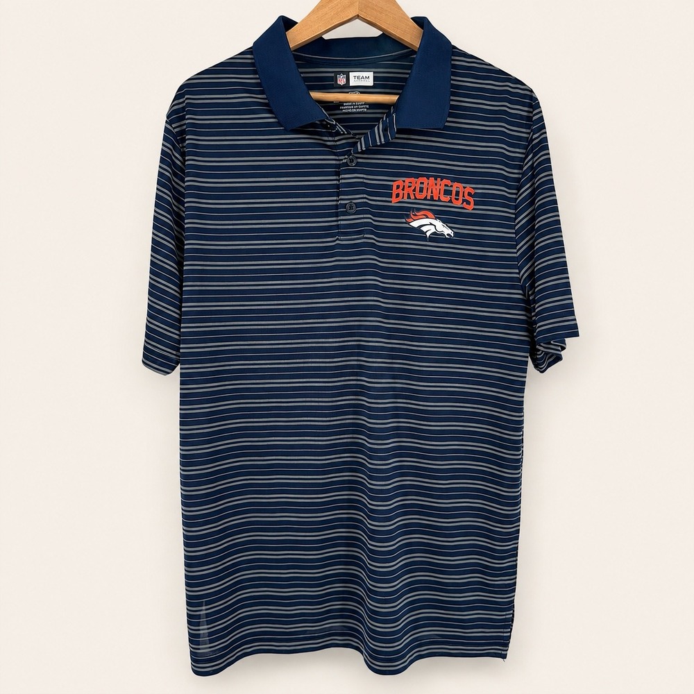 Denver Broncos Team Apparel Mens Large Polo Shirt Striped Blue Gray Football Fan